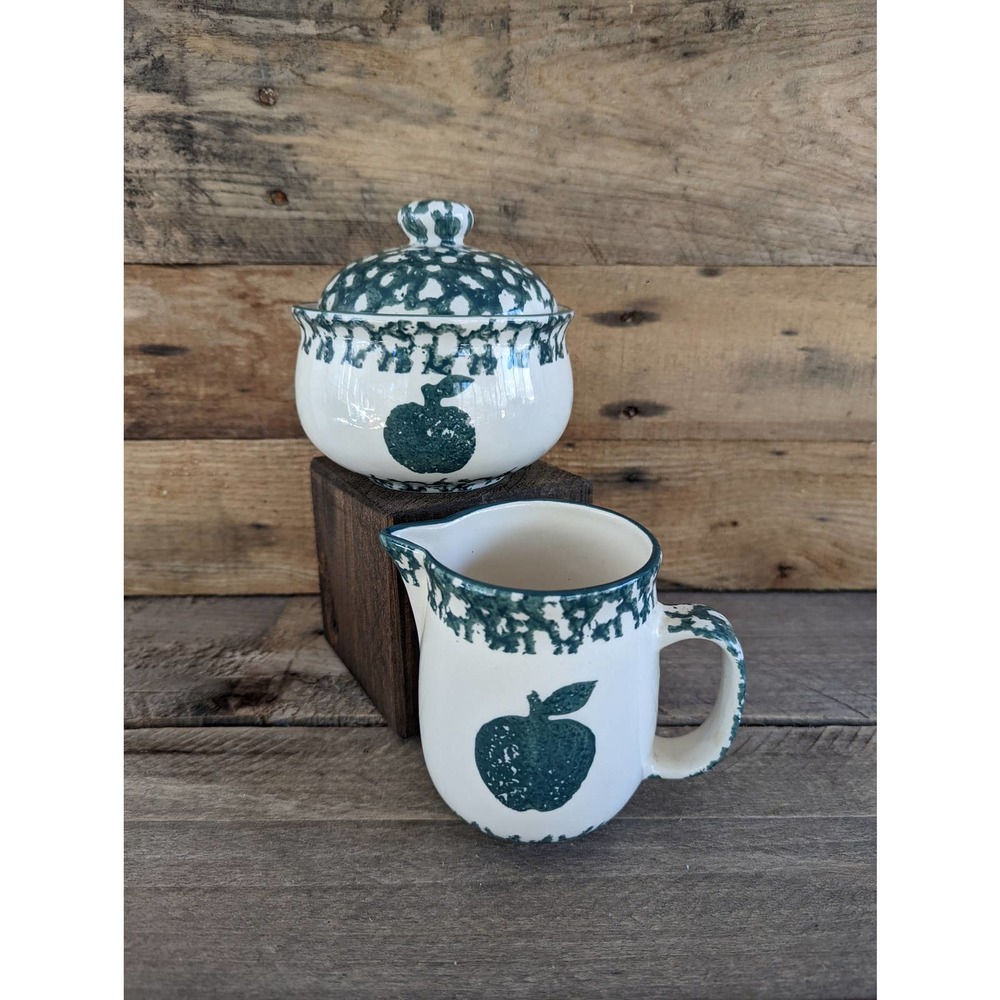 Vintage FolkCraft Green Apple by Tienshan Stoneware Sugar Bowl and Creamer Set